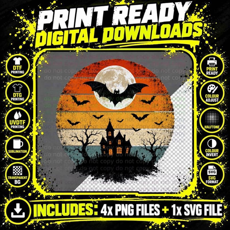 Haunted House Moon Bats Halloween T-Shirt Png SVG Digital Bundle