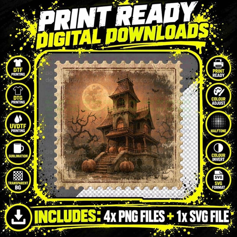 Haunted House Moonlit Night Scene Halloween T-Shirt Png SVG Digital Bundle