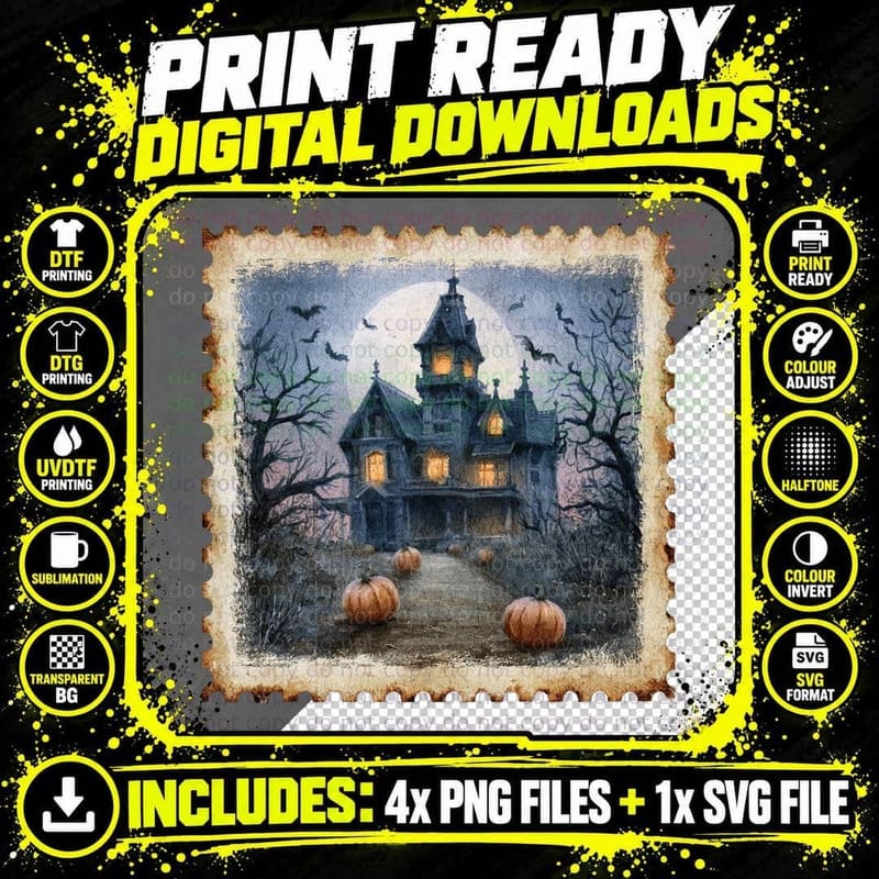 Haunted House Silhouette Moon Pumpkins Halloween T-Shirt Png SVG Digital Bundle