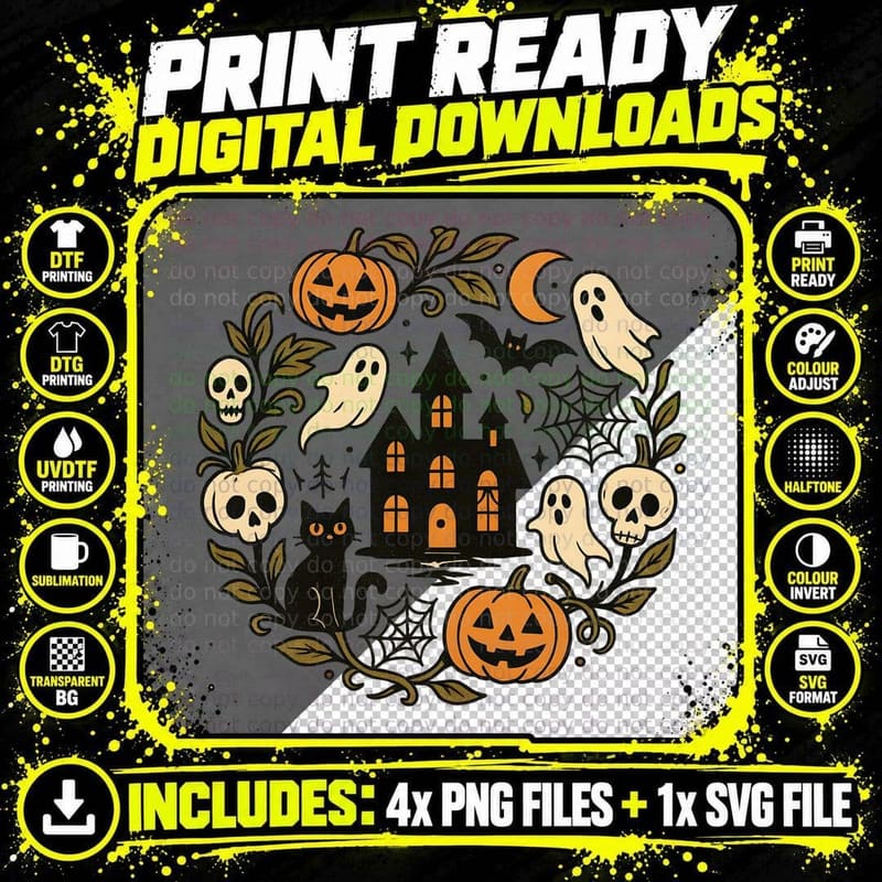 Haunted House with Ghosts and Pumpkins Halloween T-Shirt Png SVG Digital Bundle