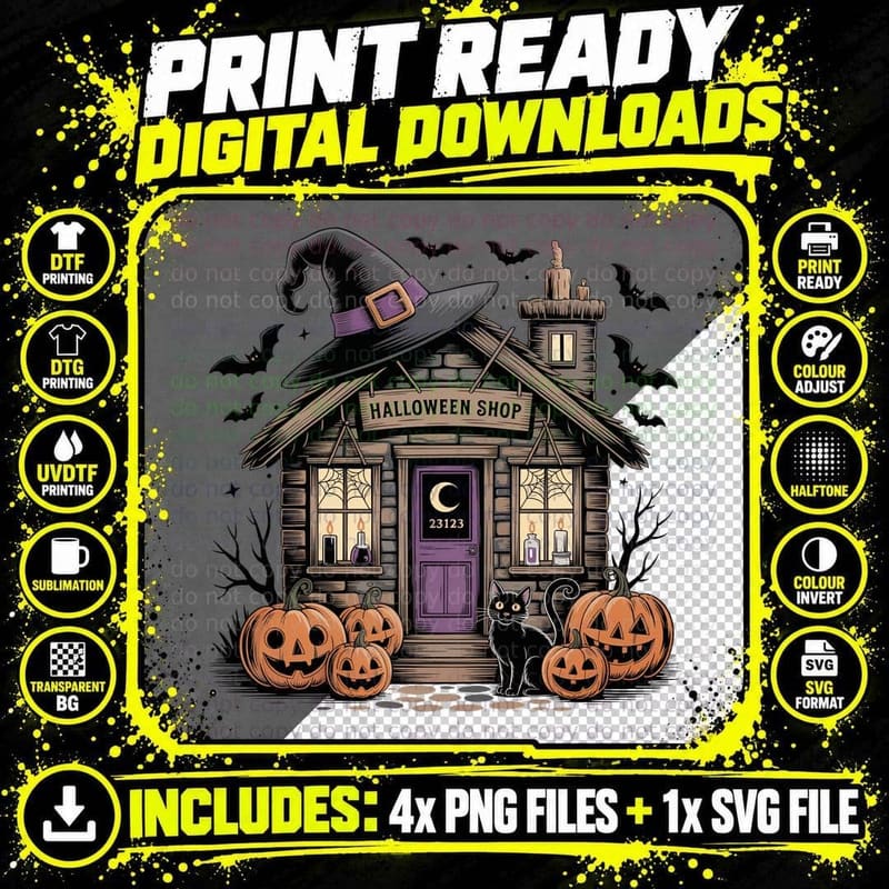 Haunted House with Witch Shop Halloween T-Shirt Png SVG Digital Bundle