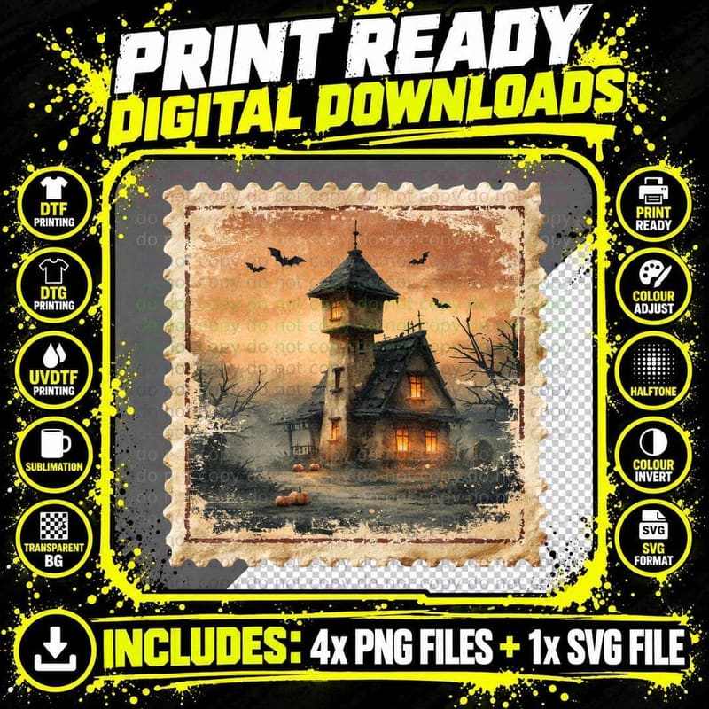 Haunted Mansion Lit Windows Exterior Halloween T-Shirt Png SVG Digital Bundle