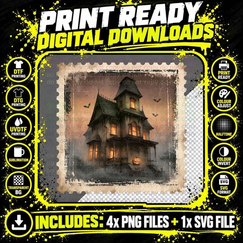 Haunted Mansion with Front Pumpkins Halloween T-Shirt Png SVG Digital Bundle