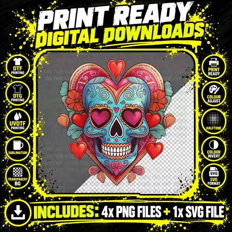 Heart-Shaped Skull with Flowers Halloween T-Shirt Png SVG Digital Bundle