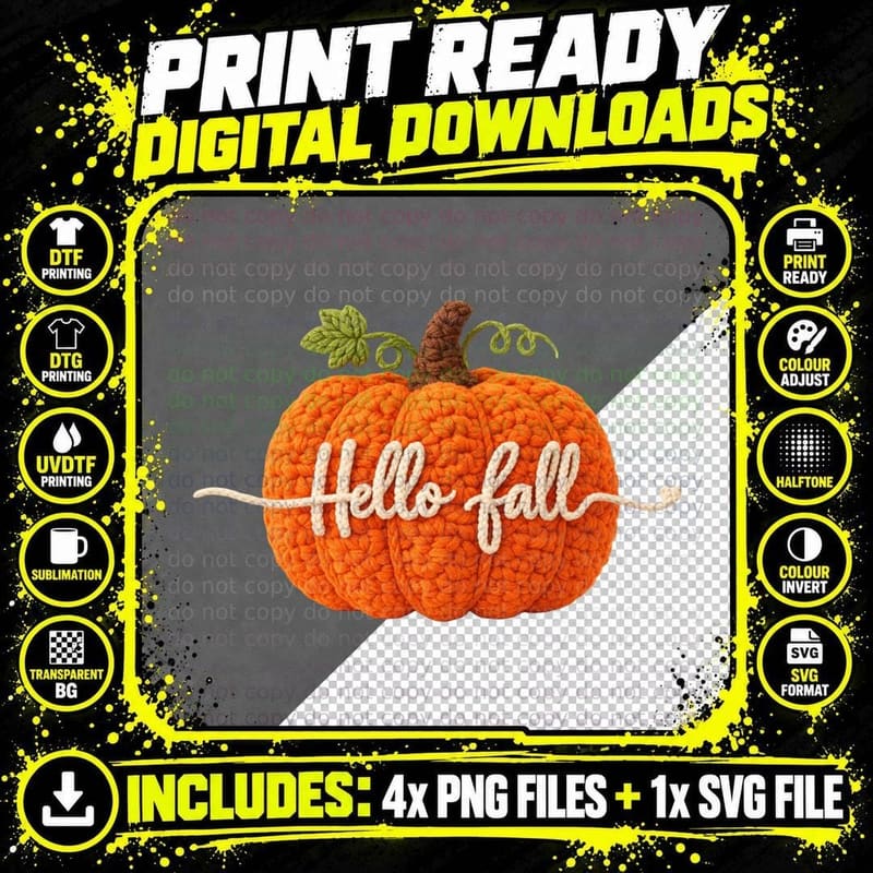 Hello Fall Halloween T-Shirt, Knitted Textured Pumpkin Png SVG Digital Bundle