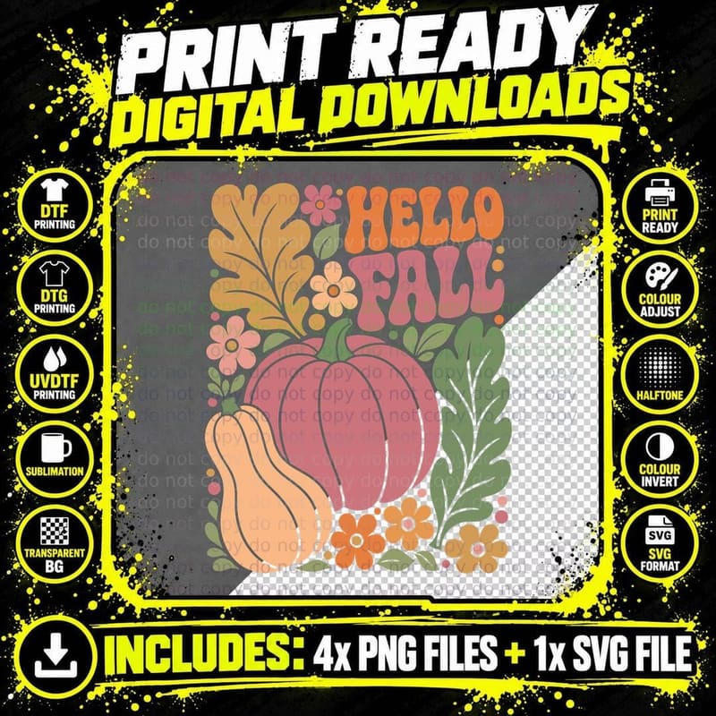 Hello Fall Halloween T-Shirt, Pumpkin Gourd Fall Hello Png SVG Digital Bundle