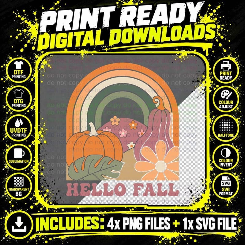 Hello Fall Halloween T-Shirt, Pumpkins Rainbow Arch Png SVG Digital Bundle