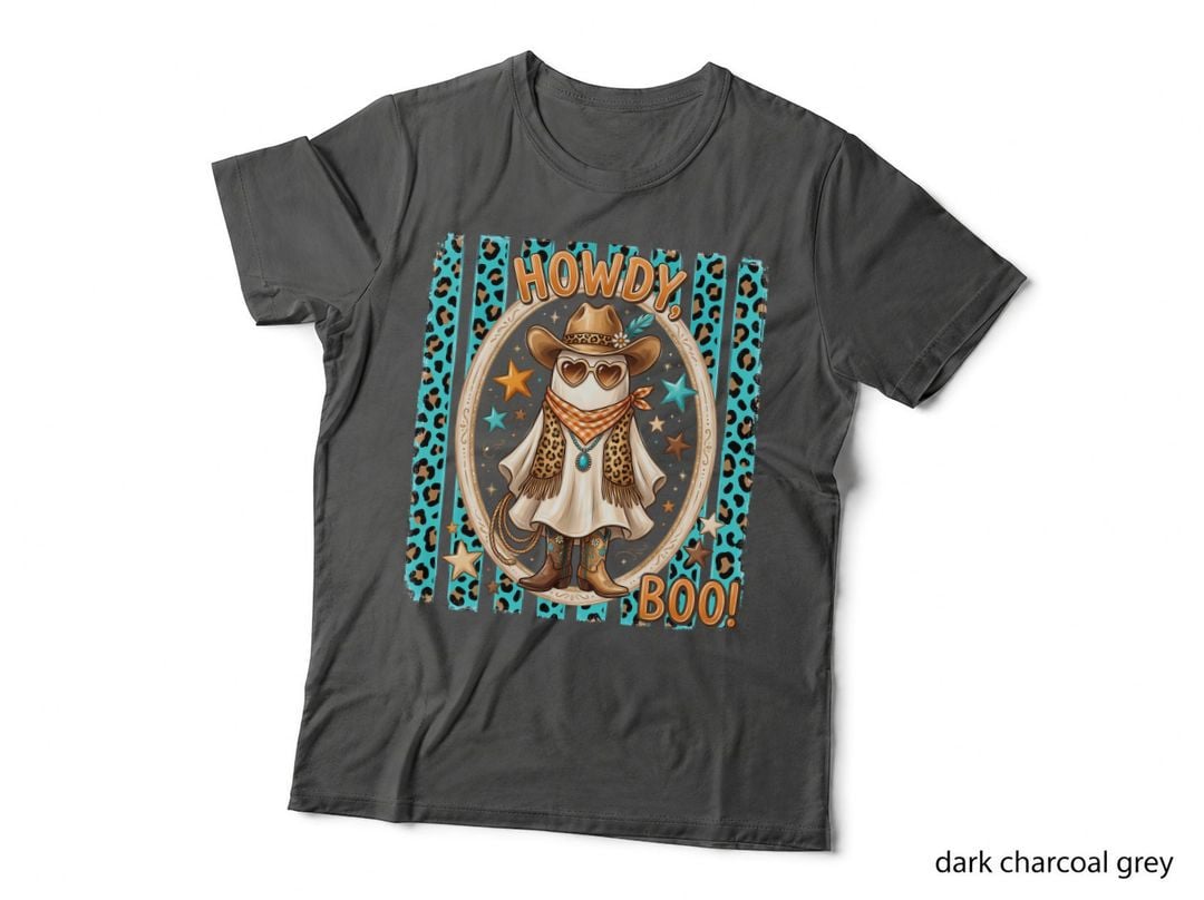 Howdy Boo! Halloween T-Shirt, Ghost Cowboy Skeleton Turquoise Sombrero Spooky