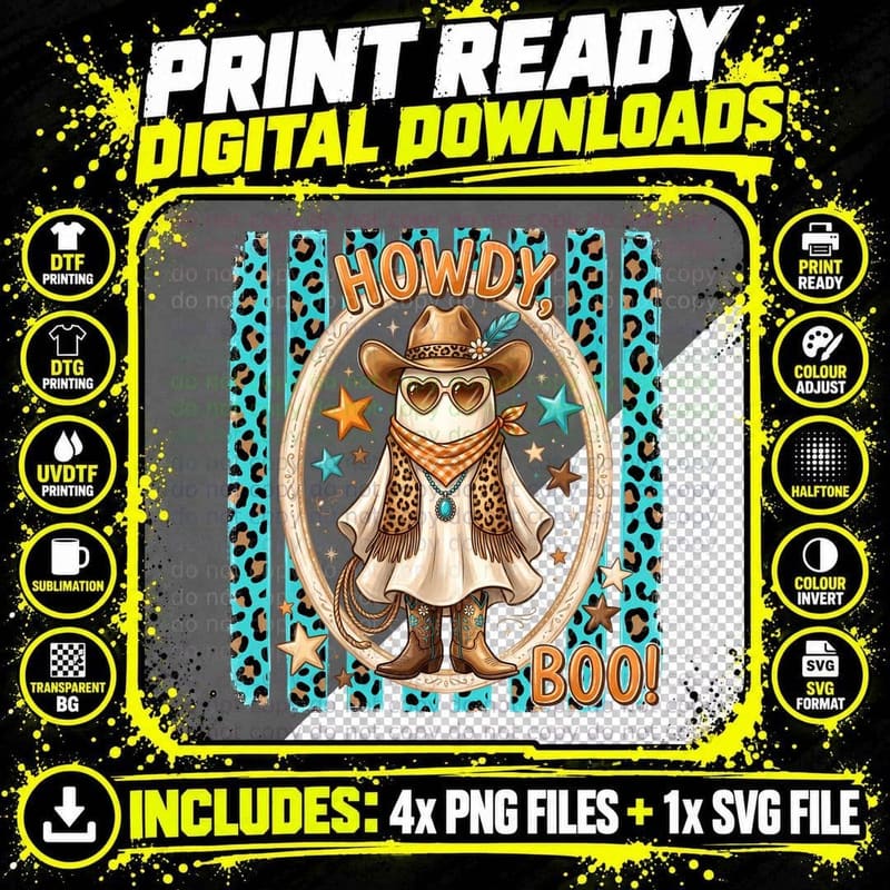 Howdy Boo! Halloween T-Shirt, Ghost Cowboy Skeleton Png SVG Digital Bundle