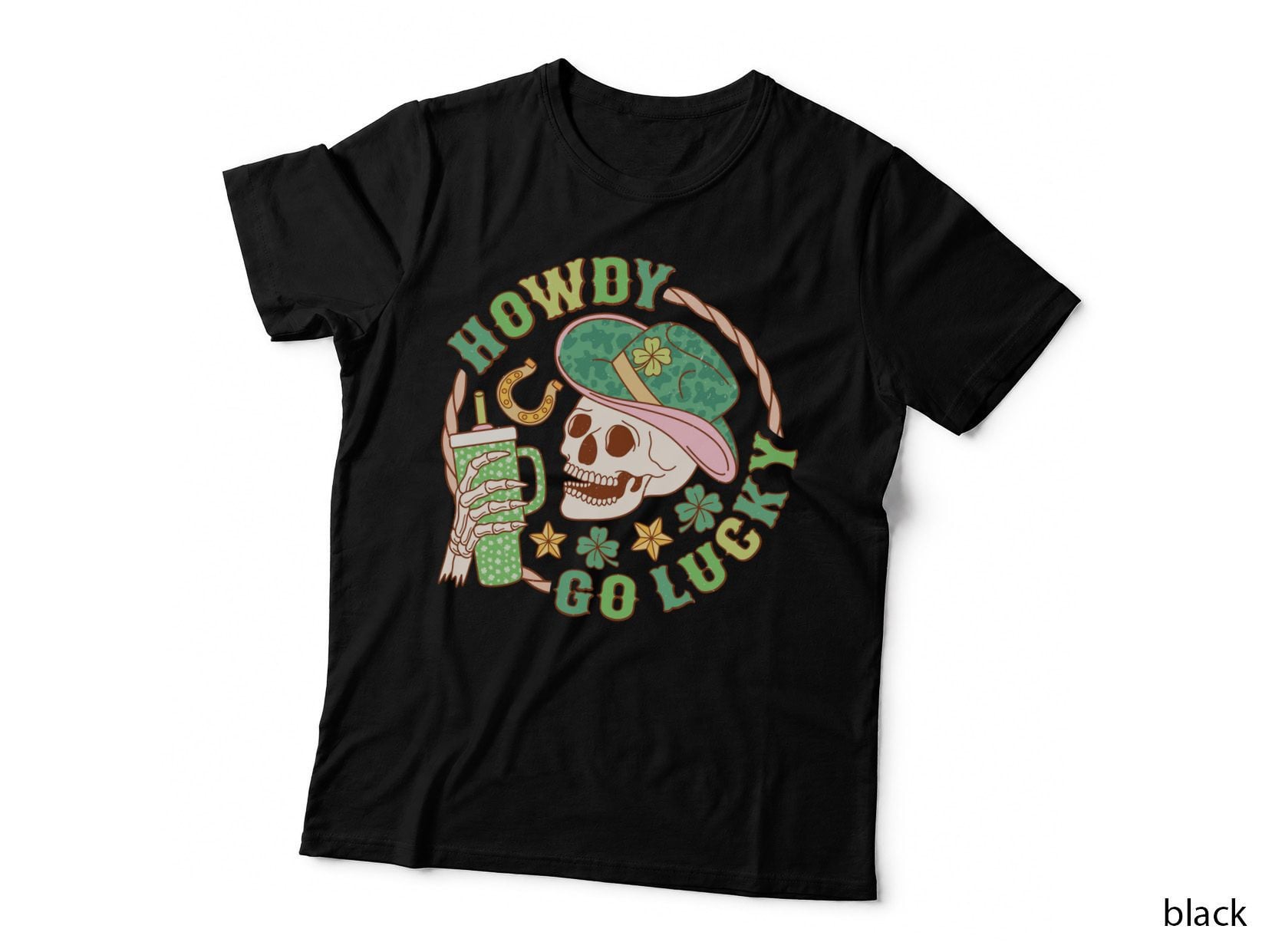 Howdy Go Lucky St Patricks Day T-Shirt, Skeleton Holding Drink with Lucky
