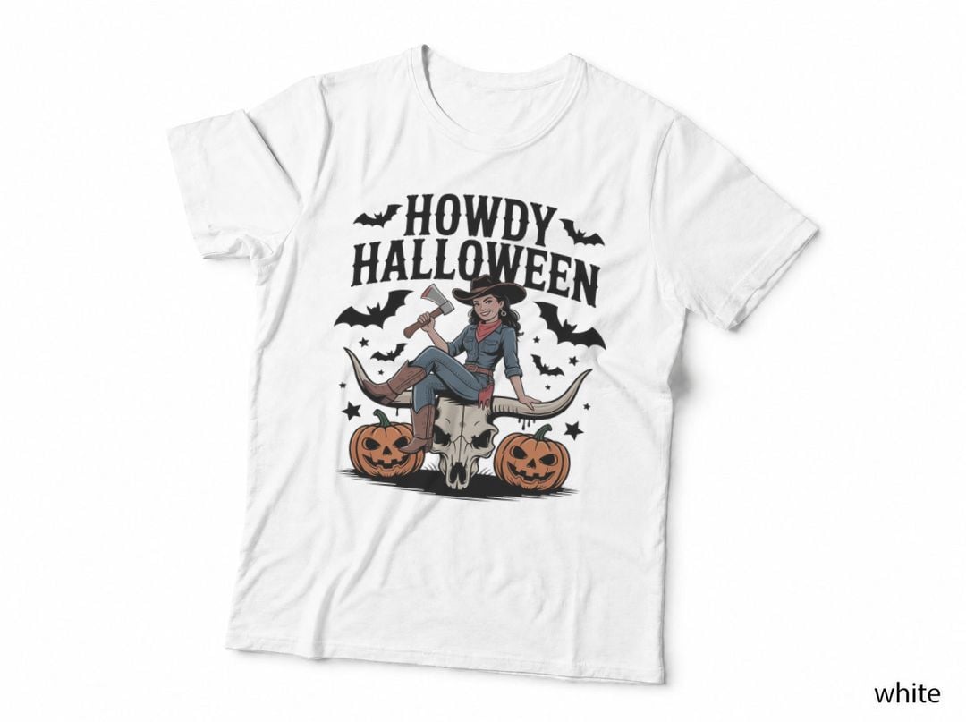 Howdy Halloween T-Shirt, Cowgirl with Axe on Bull Skull Spooky Tee