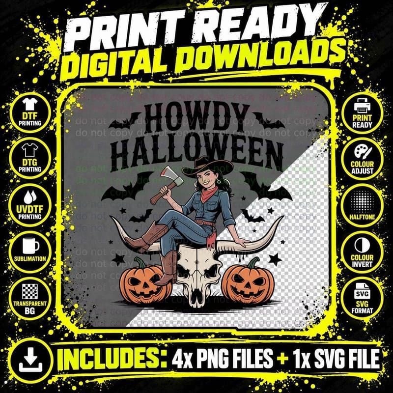 Howdy Halloween T-Shirt, Cowgirl with Axe on Bull Skull Png SVG Digital Bundle