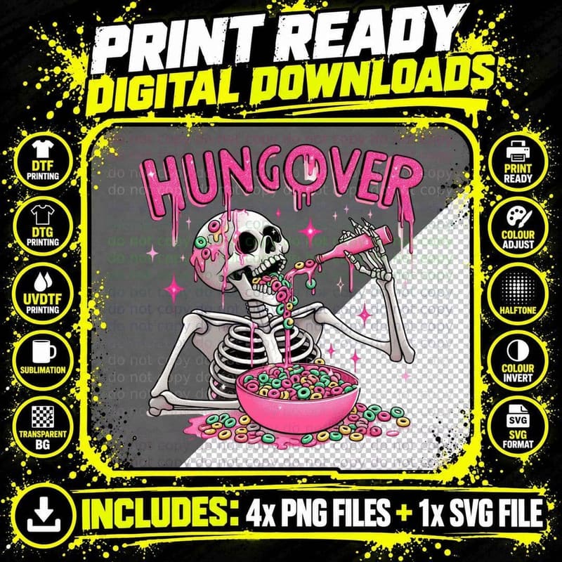 Hungover Funny Skull T-Shirt, Skeleton Drinking Cereal Png SVG Digital Bundle
