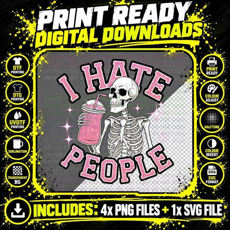 I Hate People Funny Skull T-Shirt, Skeleton Holding Png SVG Digital Bundle