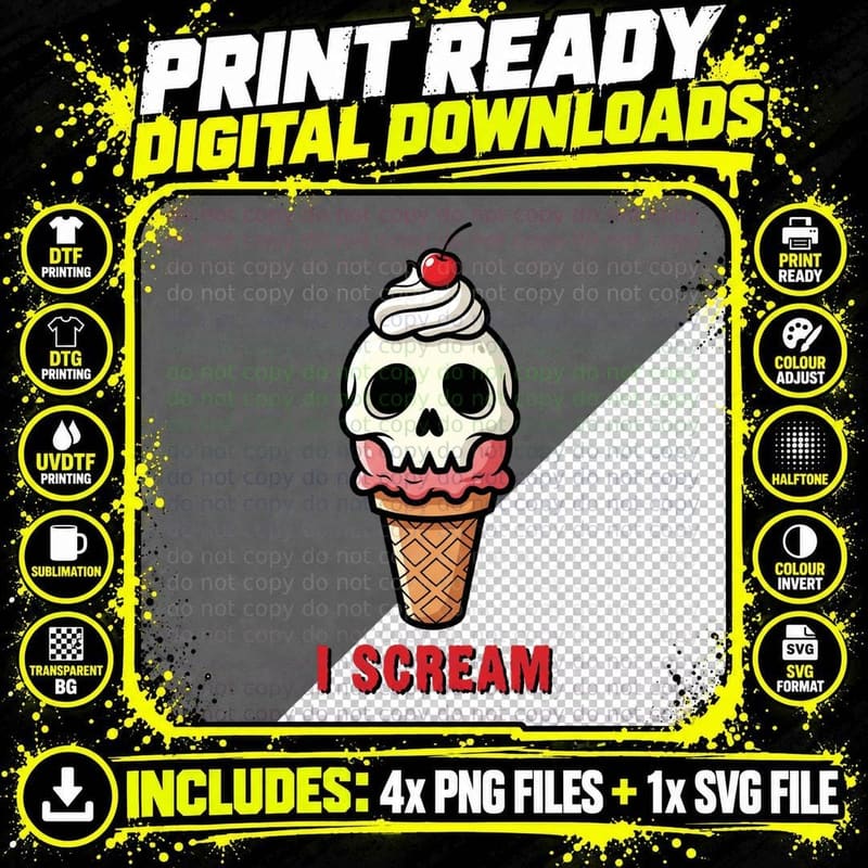 I Scream Funny Halloween T-Shirt, Skull Ice Cream Cone Png SVG Digital Bundle