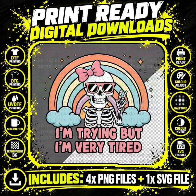 I'm Trying but I'm Very Tired Halloween T-Shirt Png SVG Digital Bundle