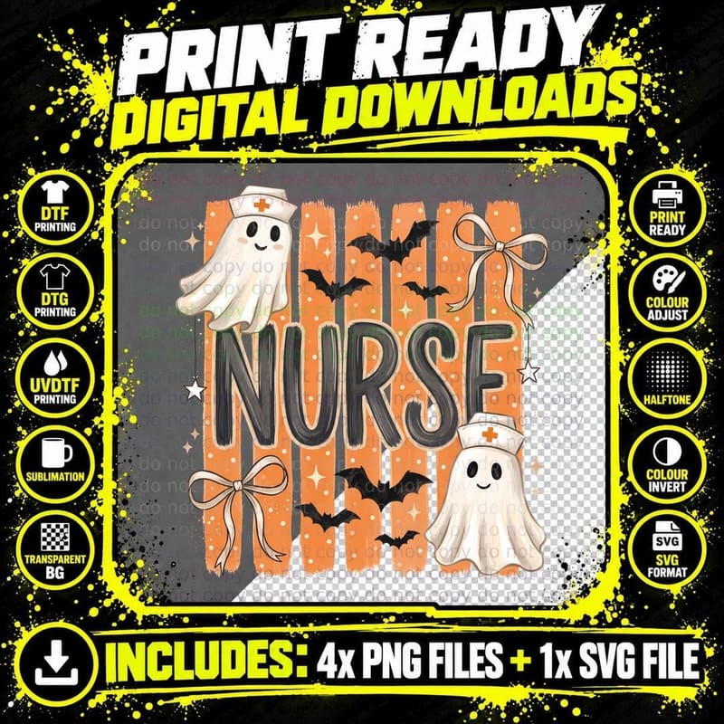 Iiind Nurse Halloween T-Shirt, Nurse Ghost Bats Bows Png SVG Digital Bundle