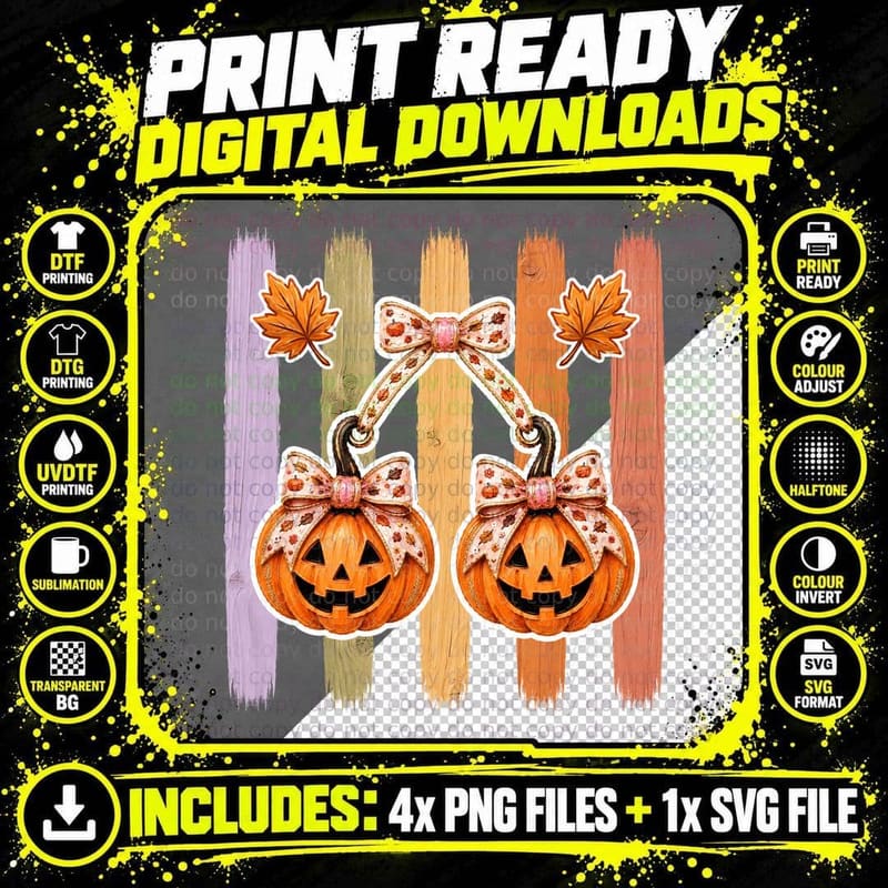 Jack-O'-Lanterns with Fabric Bows Halloween T-Shirt Png SVG Digital Bundle