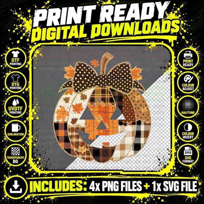 Jack-O-Lantern Decorative Bow Halloween T-Shirt Png SVG Digital Bundle