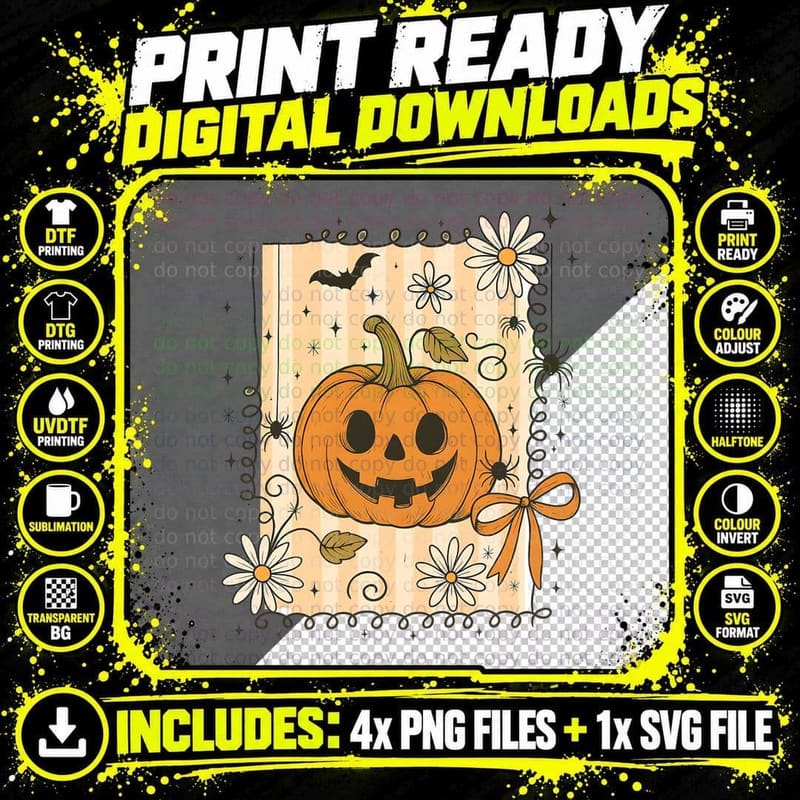 Jack-O-Lantern Pumpkin Flowers Halloween T-Shirt Png SVG Digital Bundle