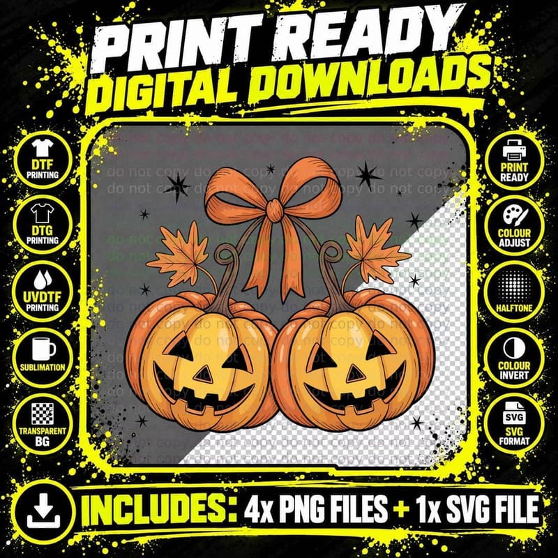 Jack-O-Lanterns with Ribbon Bow Halloween T-Shirt Png SVG Digital Bundle