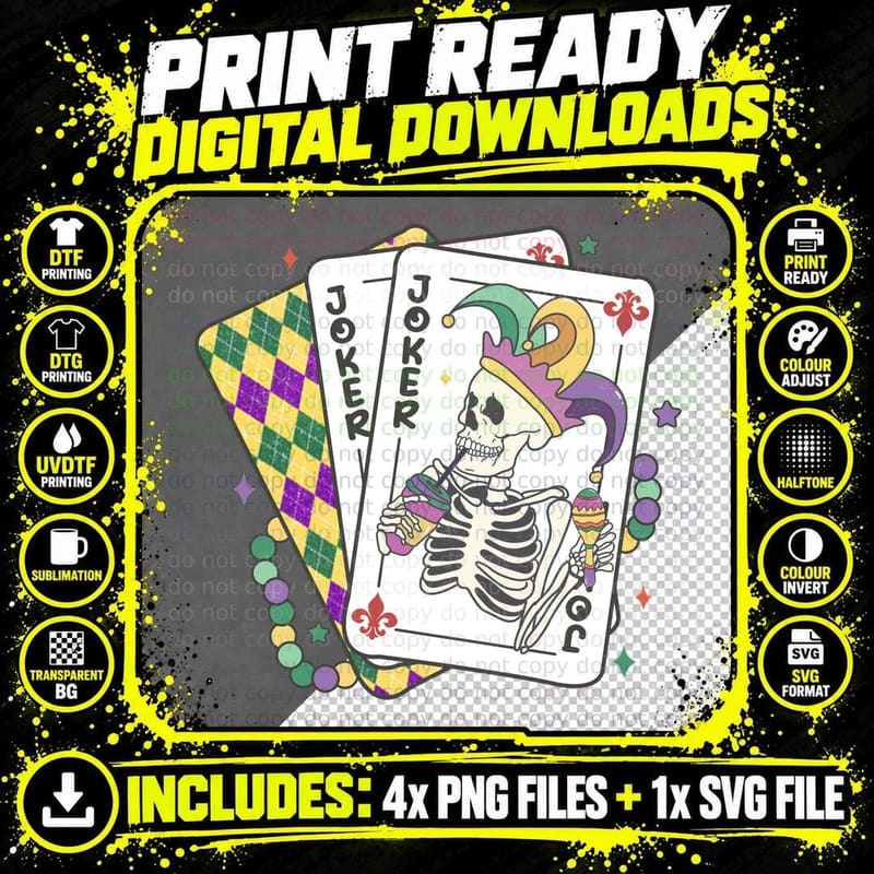 Joker Mardi Gras T-Shirt, Skeleton Joker Drinking Png SVG Digital Bundle