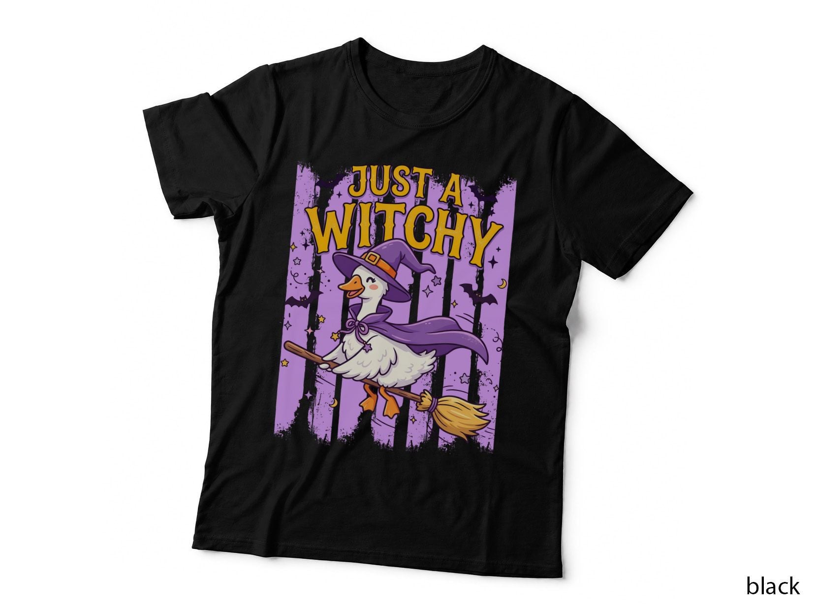 Just a Witchy Funny Halloween T-Shirt, Duck Riding Broomstick in Witch Graphic