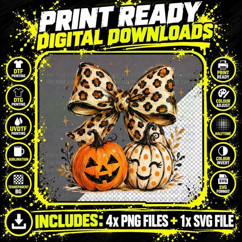 Leopard Bow Pumpkins Friends Halloween T-Shirt Png SVG Digital Bundle