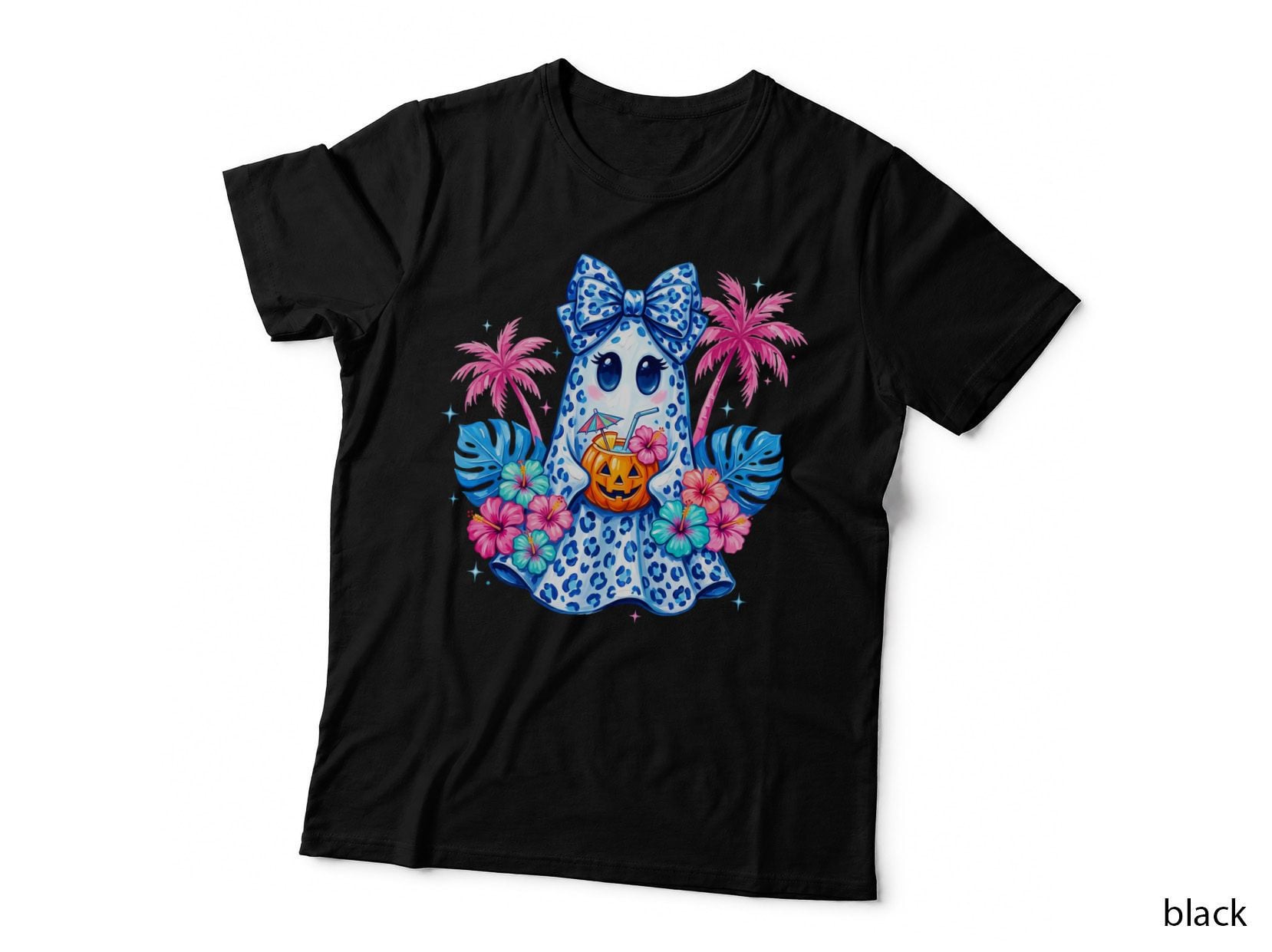 Leopard Ghost Tropical Flowers Paradise Halloween T-Shirt