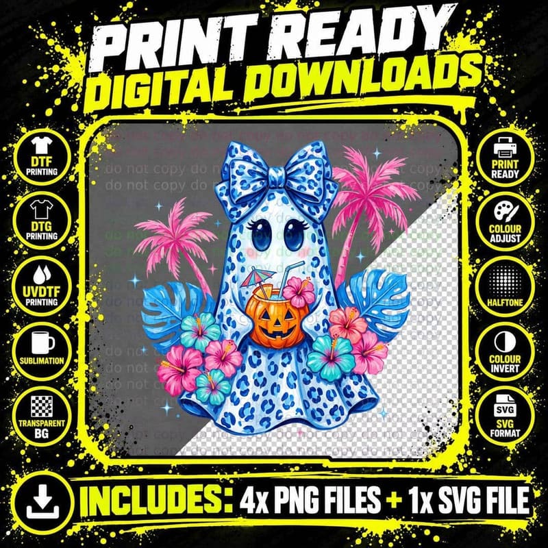 Leopard Ghost Tropical Flowers Paradise Halloween T-Shirt Png SVG Digital Bundle