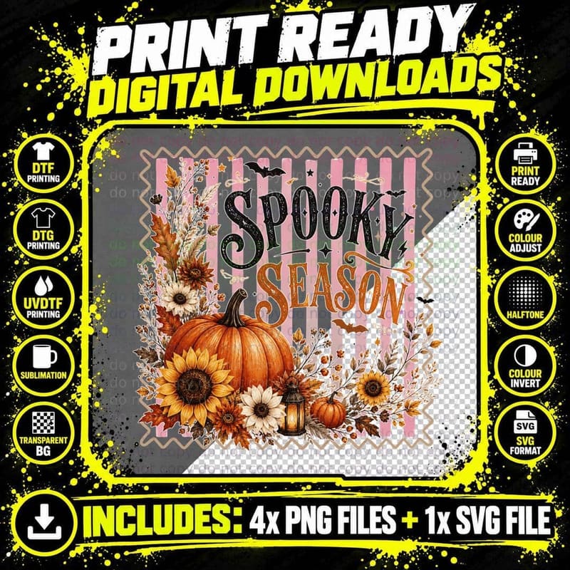 Let Spooky Season Fall T-Shirt, Let Spooky Season Floral Png SVG Digital Bundle