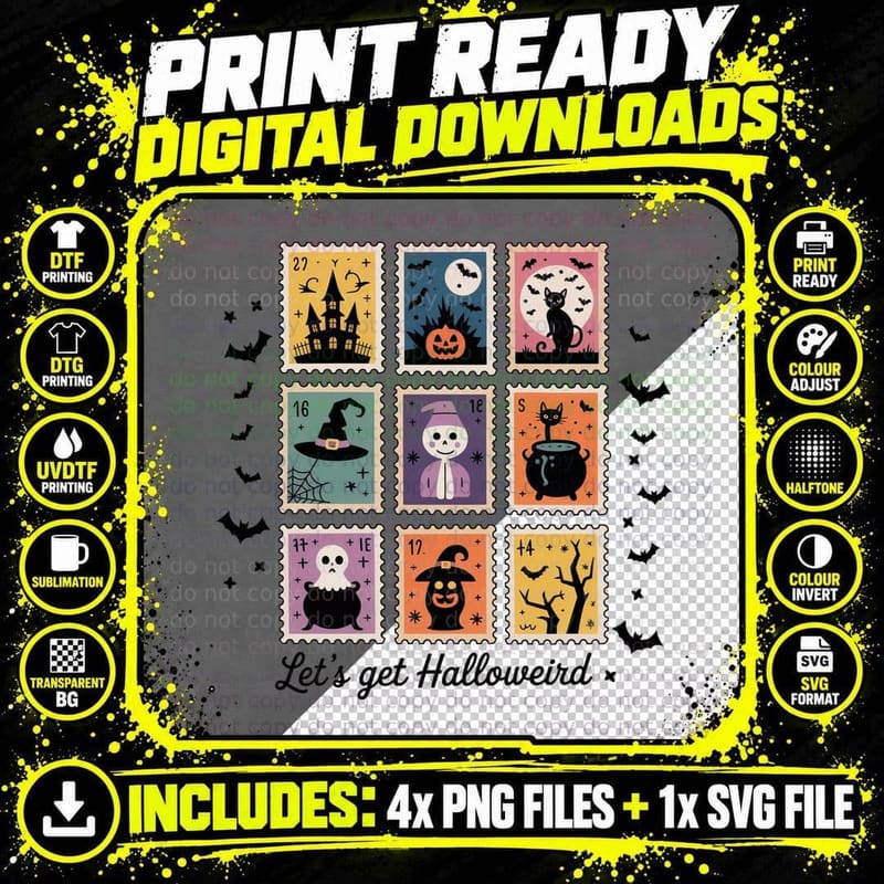 Let's Get Halloween T-Shirt, Halloween Vintage Postage Png SVG Digital Bundle