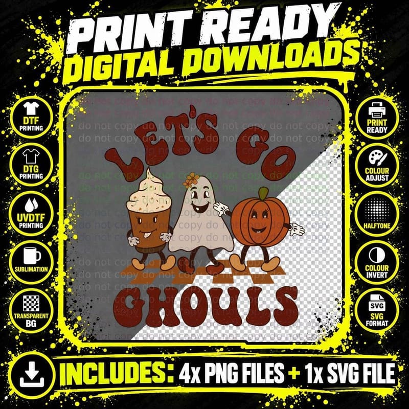 Let's Go Ghouls Fall T-Shirt, Coffee Ghost Pumpkin Squad Png SVG Digital Bundle