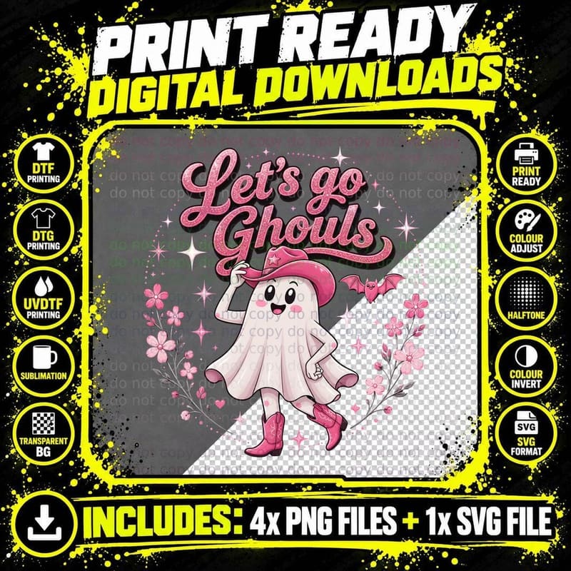Let's Go Ghouls Halloween T-Shirt, Cowboy Ghost Pink Png SVG Digital Bundle