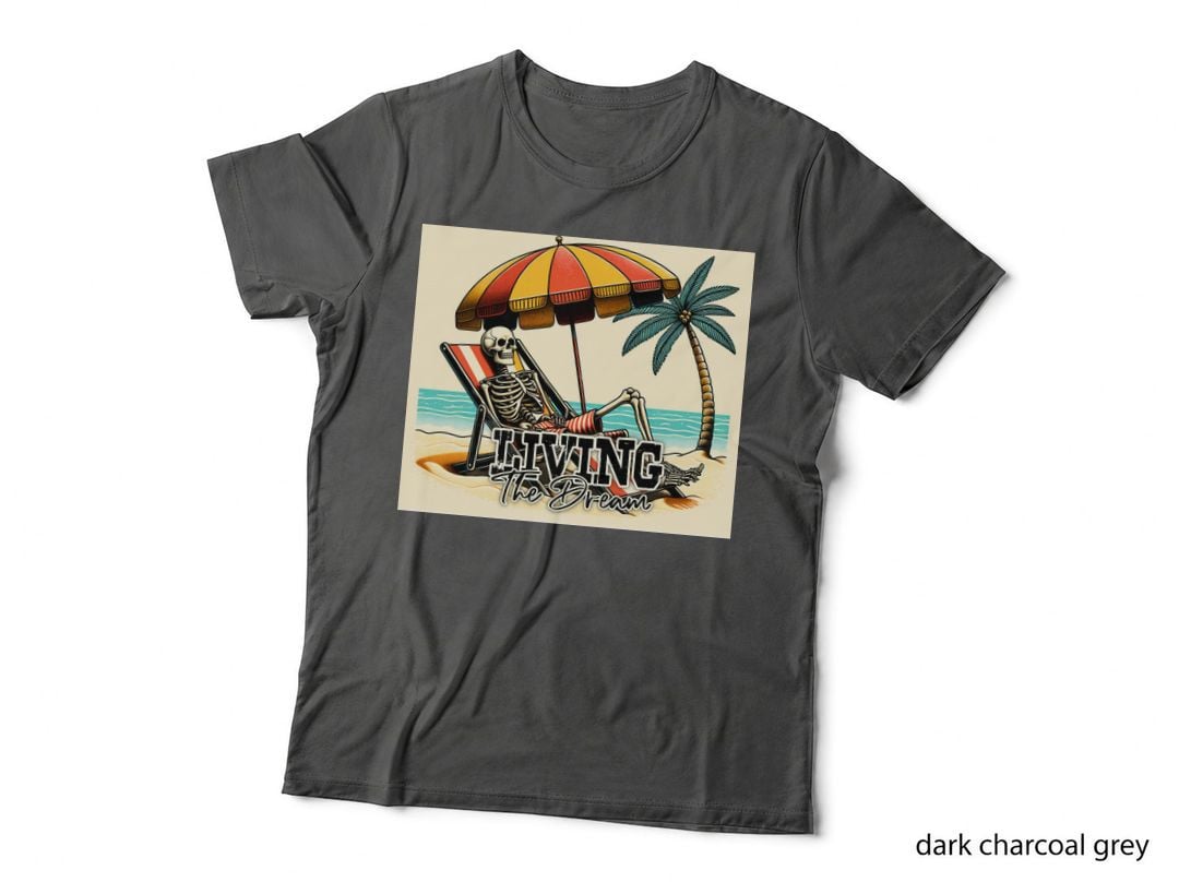 Living the Dream Funny Skull T-Shirt, Skeleton Relaxing on Beach Chair Graphic