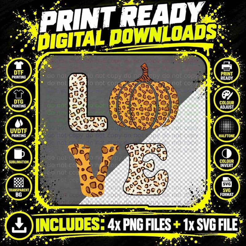 Love Fall T-Shirt, Leopard Pumpkin Love Word Design Png SVG Digital Bundle