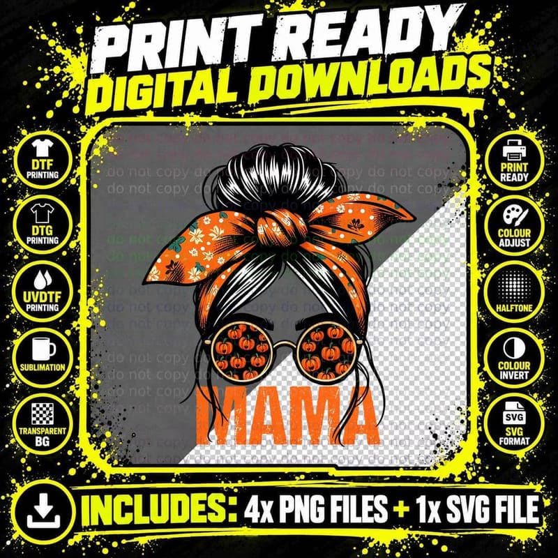Mama Fall T-Shirt, Woman Pumpkin-Lens Glasses Plaid Bow Png SVG Digital Bundle