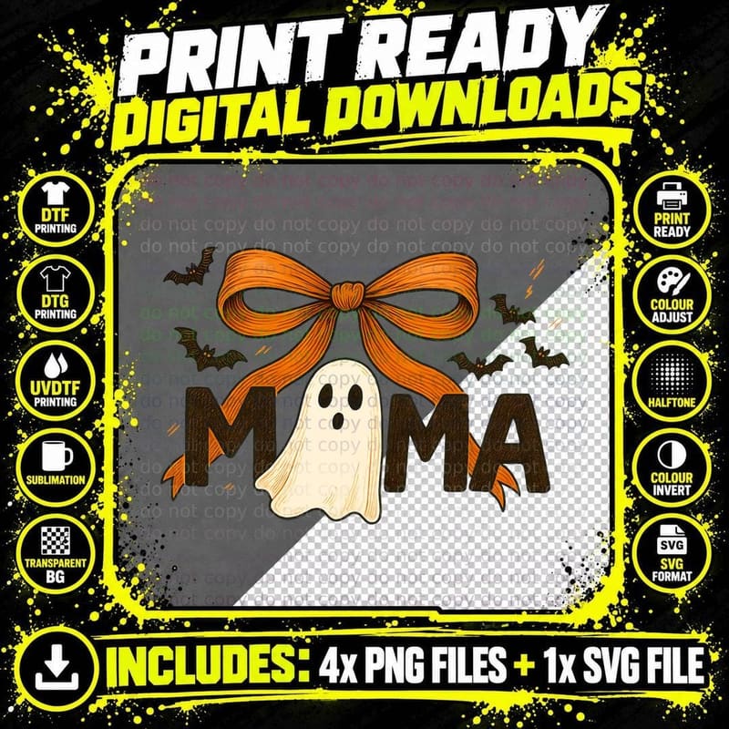 Mama Halloween T-Shirt, Ghost with Orange Bow and Bats Png SVG Digital Bundle