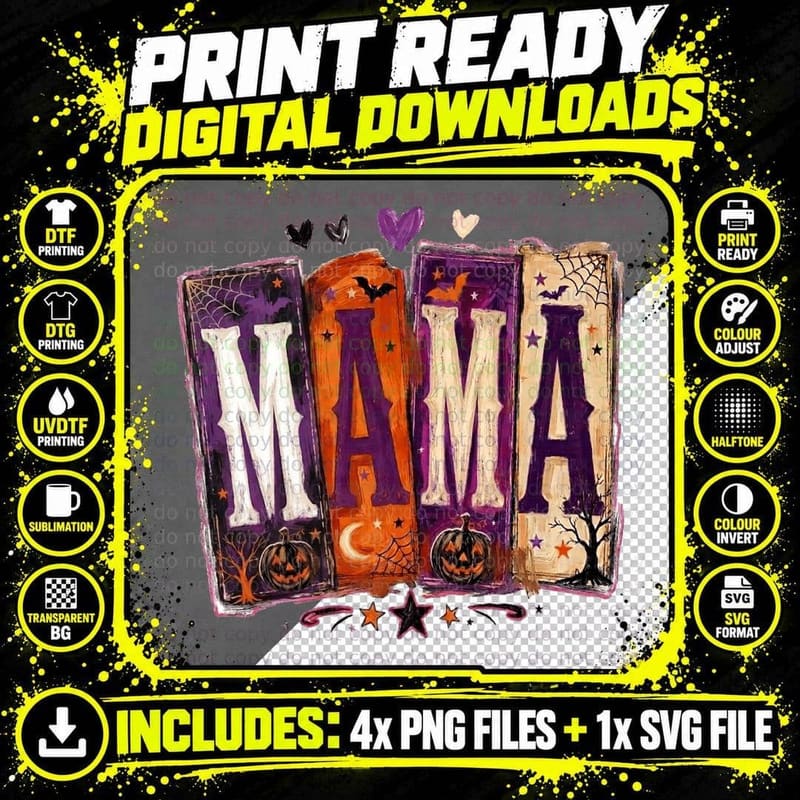 Mama Halloween T-Shirt, Spell Book Pages Pumpkin Moon Png SVG Digital Bundle