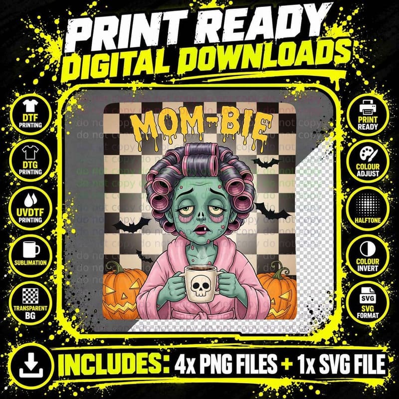 Mom-Bie Funny Halloween T-Shirt, Zombie Mom in Curlers Png SVG Digital Bundle