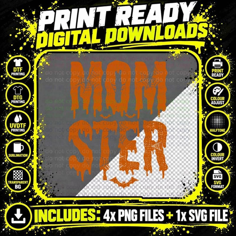 Monster Funny Mama T-Shirt, Spooky Orange Drips on Gray Png SVG Digital Bundle