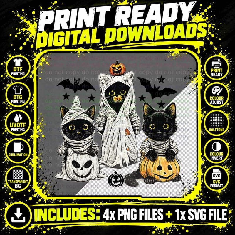 Mummy Cats with Pumpkins Halloween T-Shirt Png SVG Digital Bundle
