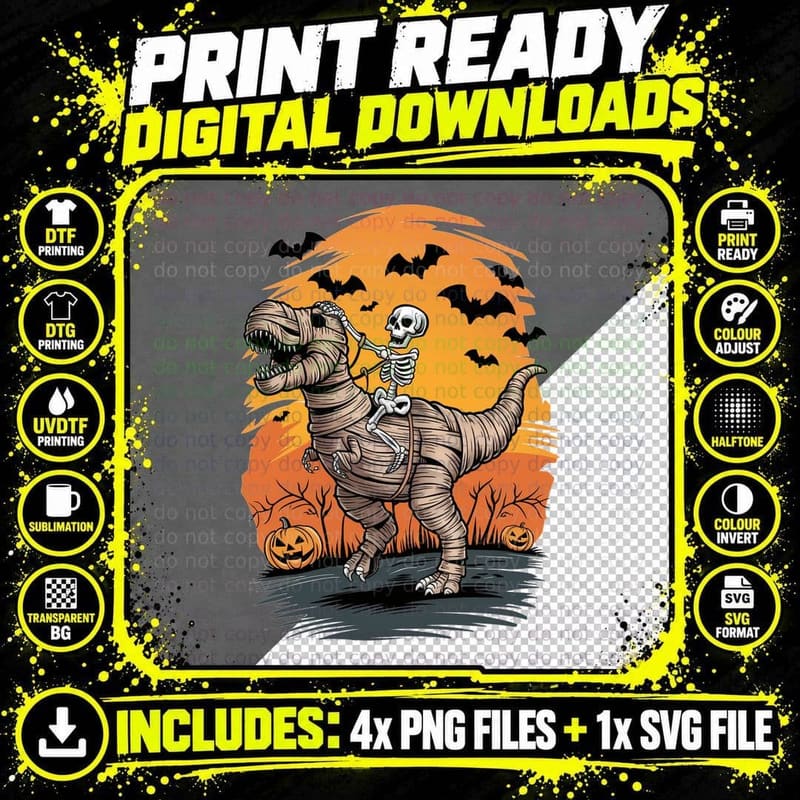 Mummy T-Rex Dinosaur Skeleton Halloween T-Shirt Png SVG Digital Bundle