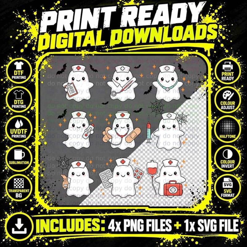Nine Nurse Ghosts Medical Tools Halloween T-Shirt Png SVG Digital Bundle