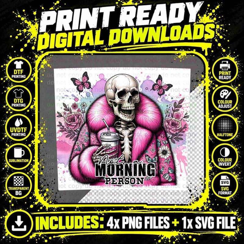 Not a Morning Person Funny Skull T-Shirt Png SVG Digital Bundle