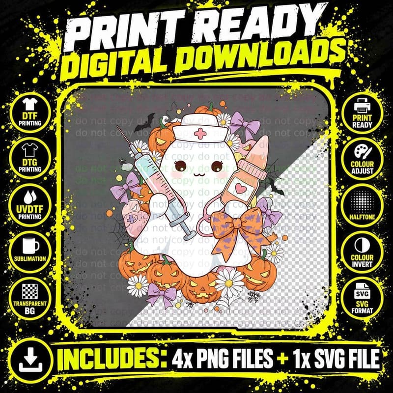 Nurse Ghost Pumpkins Daisies Cute Halloween T-Shirt Png SVG Digital Bundle