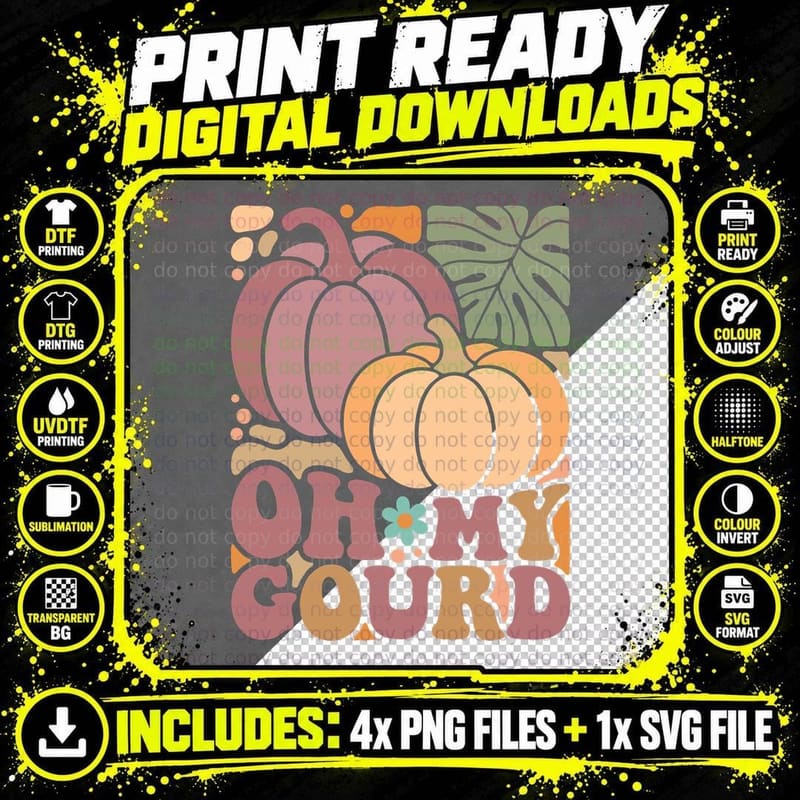 Oh My Gourd Fall T-Shirt, Multiple Pumpkins with Oak Png SVG Digital Bundle