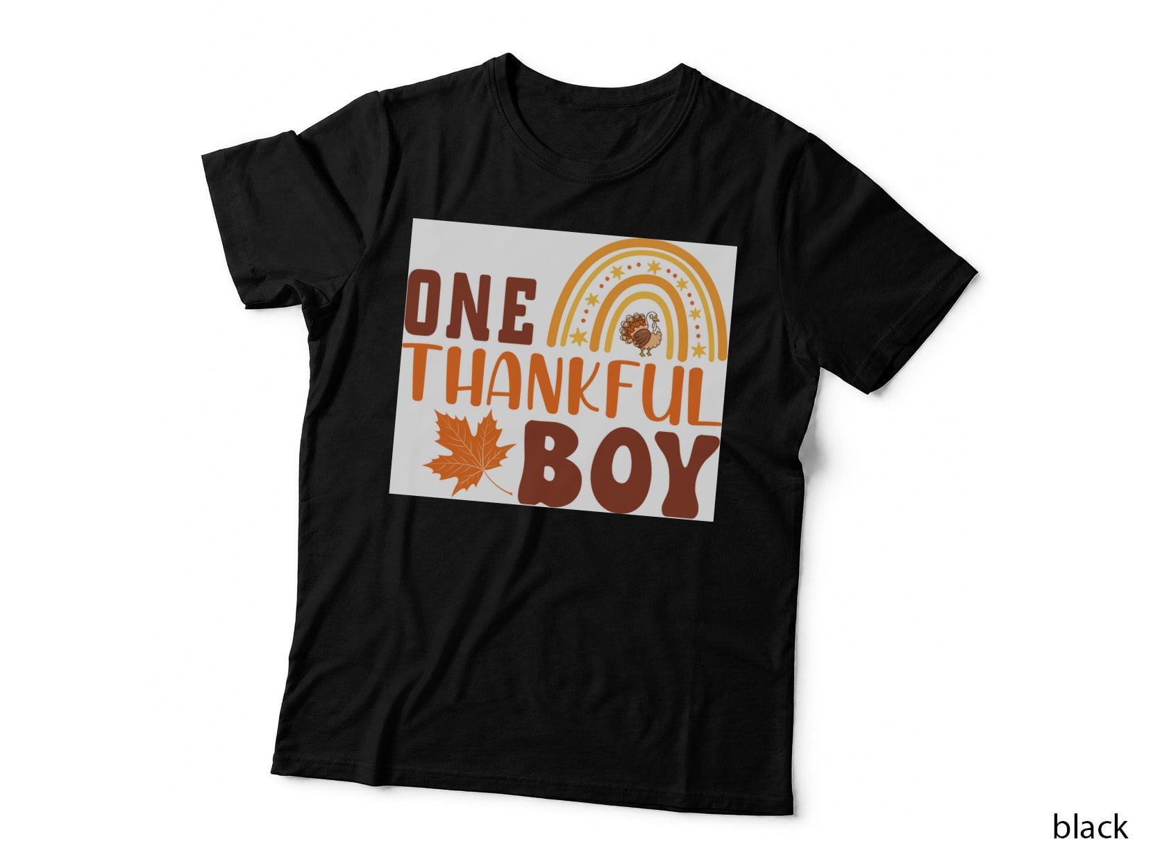 One Thankful Boy Fall T-Shirt, Rainbow with Turkey Illustration Autumn Tee