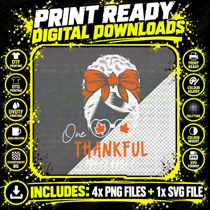 One Thankful Mama Fall T-Shirt, Doll with Bow and Maple Png SVG Digital Bundle