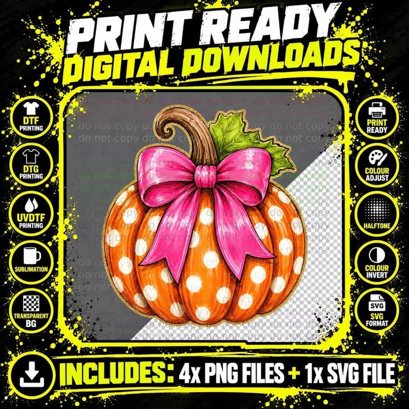Orange Pumpkin Pink Bow Polka Fall T-Shirt Png SVG Digital Bundle